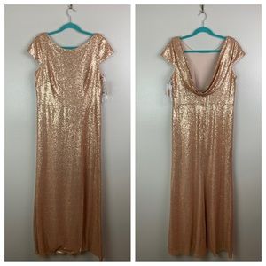 NWT Dessy Sequin Cowl Back Trumpet Gown Rose Gold 14